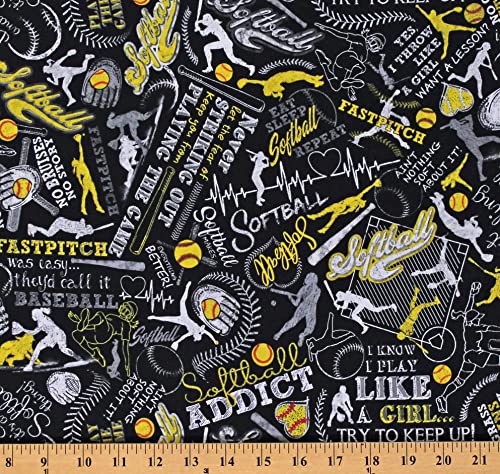 Premium Black Cotton Fabric Print Featuring Softball Sports Themes - Bats, Gloves, Balls, and Fun Scripts - Sold by the Yard
