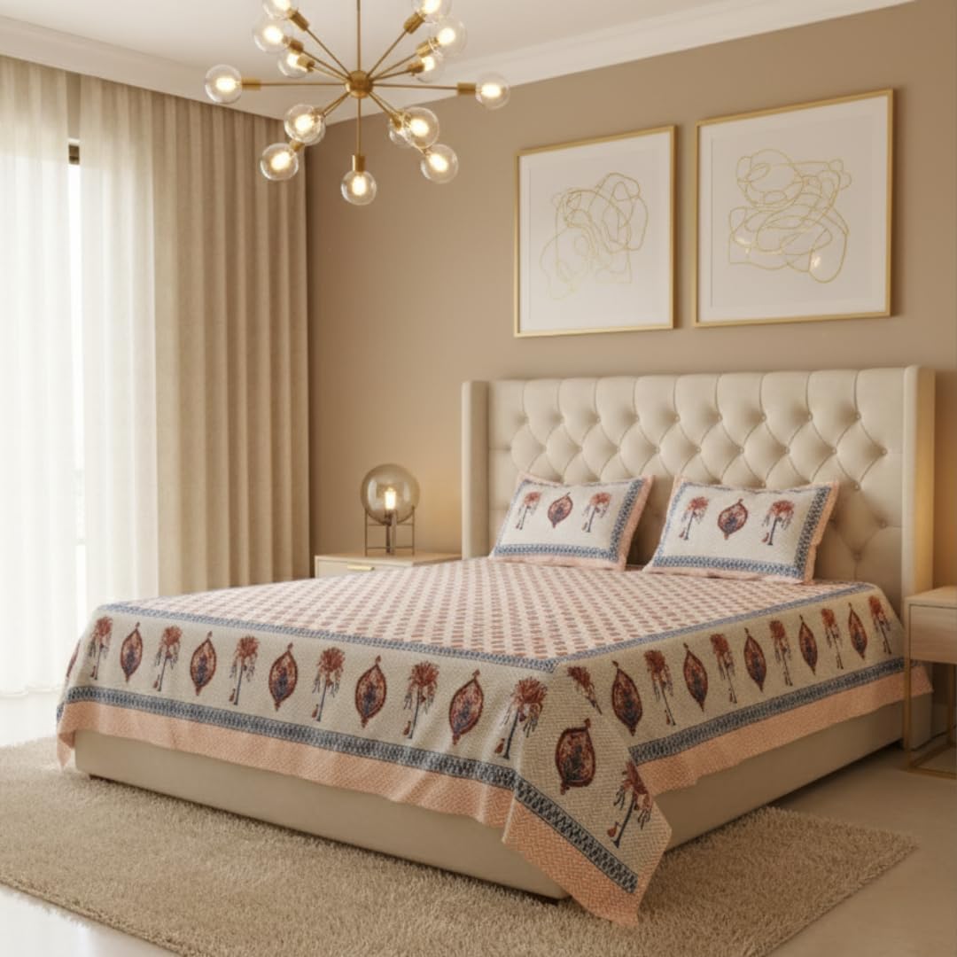 Cotton Bedsheet for Double Bed Queen Size | 90x108 Inches with 2 Pillow Covers | Floral Rhythm Handblock Print | 210 Tc Soft & Breathable Fabric | Blue Bedsheet for Bedroom Decor