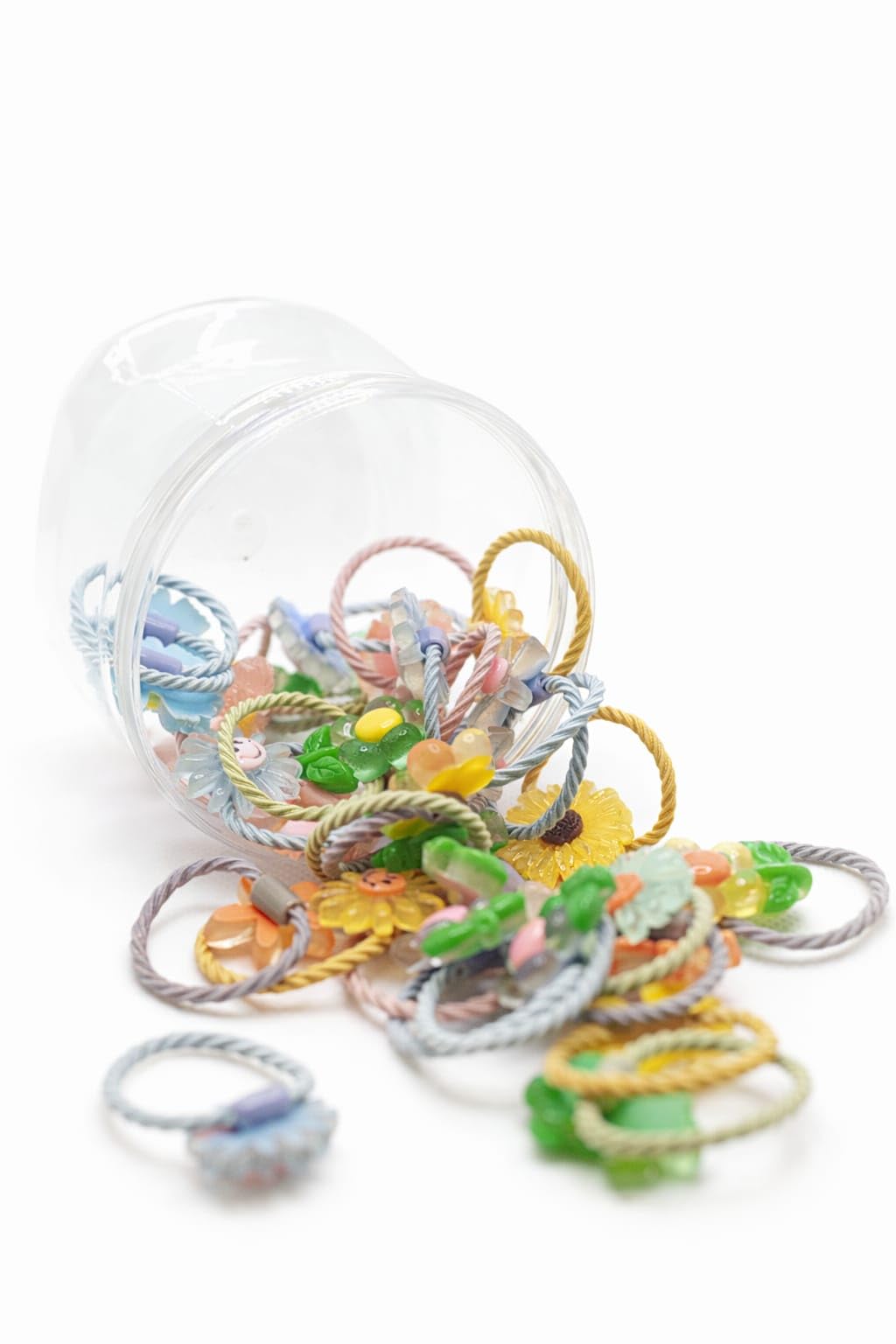 Çiçek Figürlü Renkli Saç Lastiği Seti, Twisted Rope Bantlı, Kız Çocukları için, Plastik Kavanozda