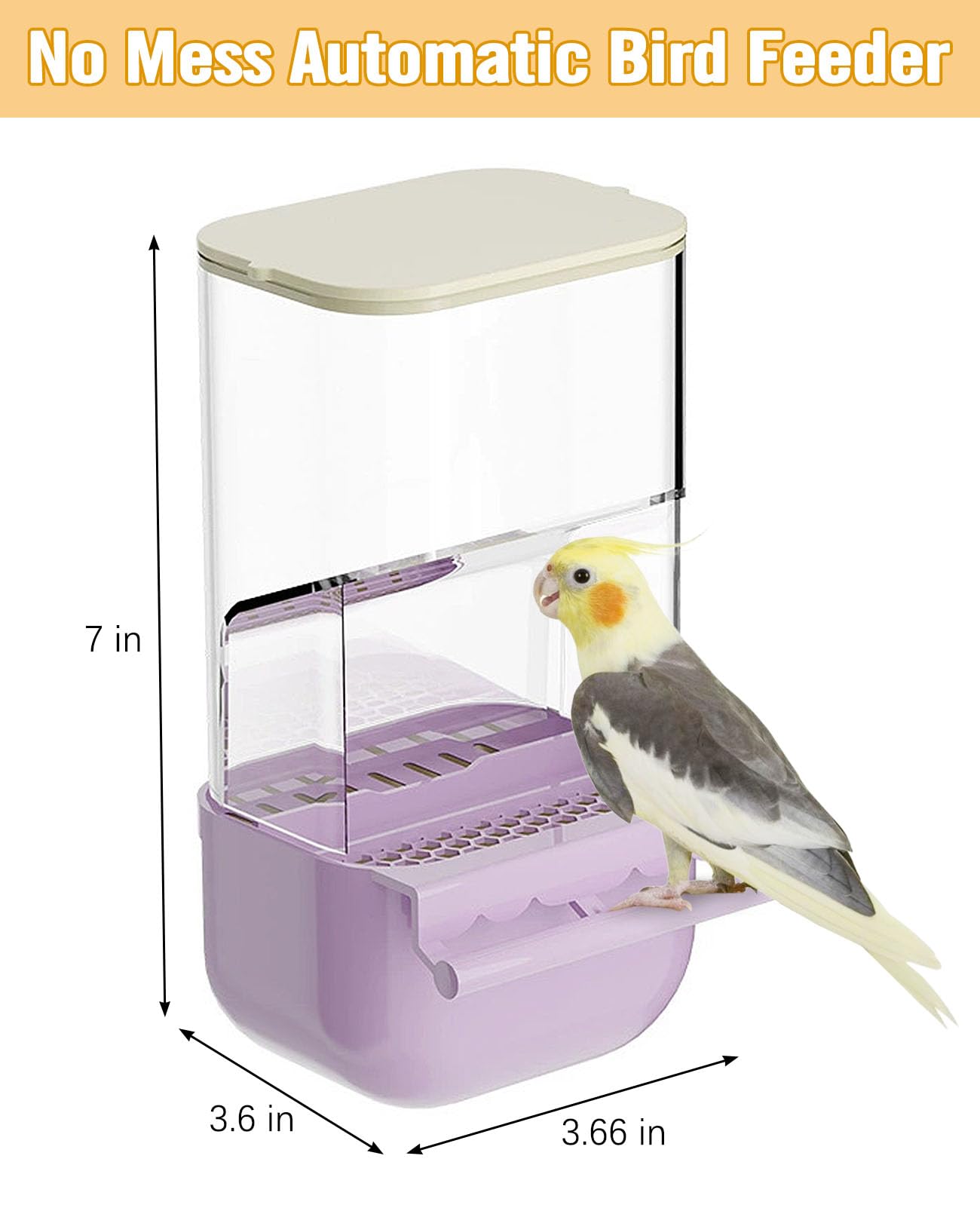 BNOSDM Automatischer Vogelfutterspender für Vögel, kein Durcheinander, für Papageienkäfig, Zubehör, transparenter Samenfutterbehälter mit Sitzstange für Finken, Sittiche, Wellensittiche, Lovebirds