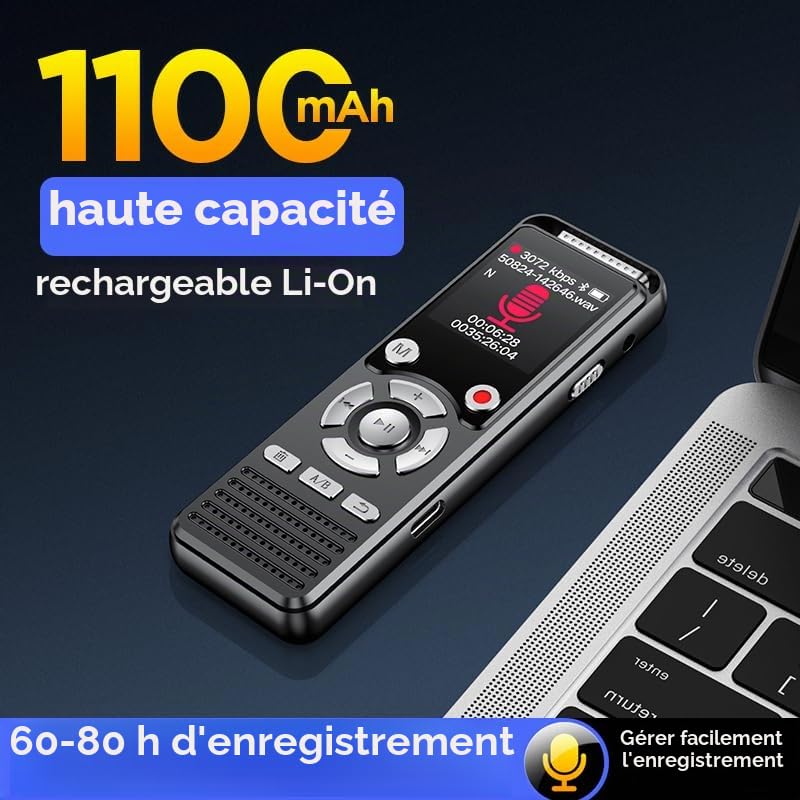 EVISTR Dictaphone numérique 3072Kbps 64 Go Bluetooth avec réduction du bruit Double microphone à activation vocale pour conférences/entretiens/réunions