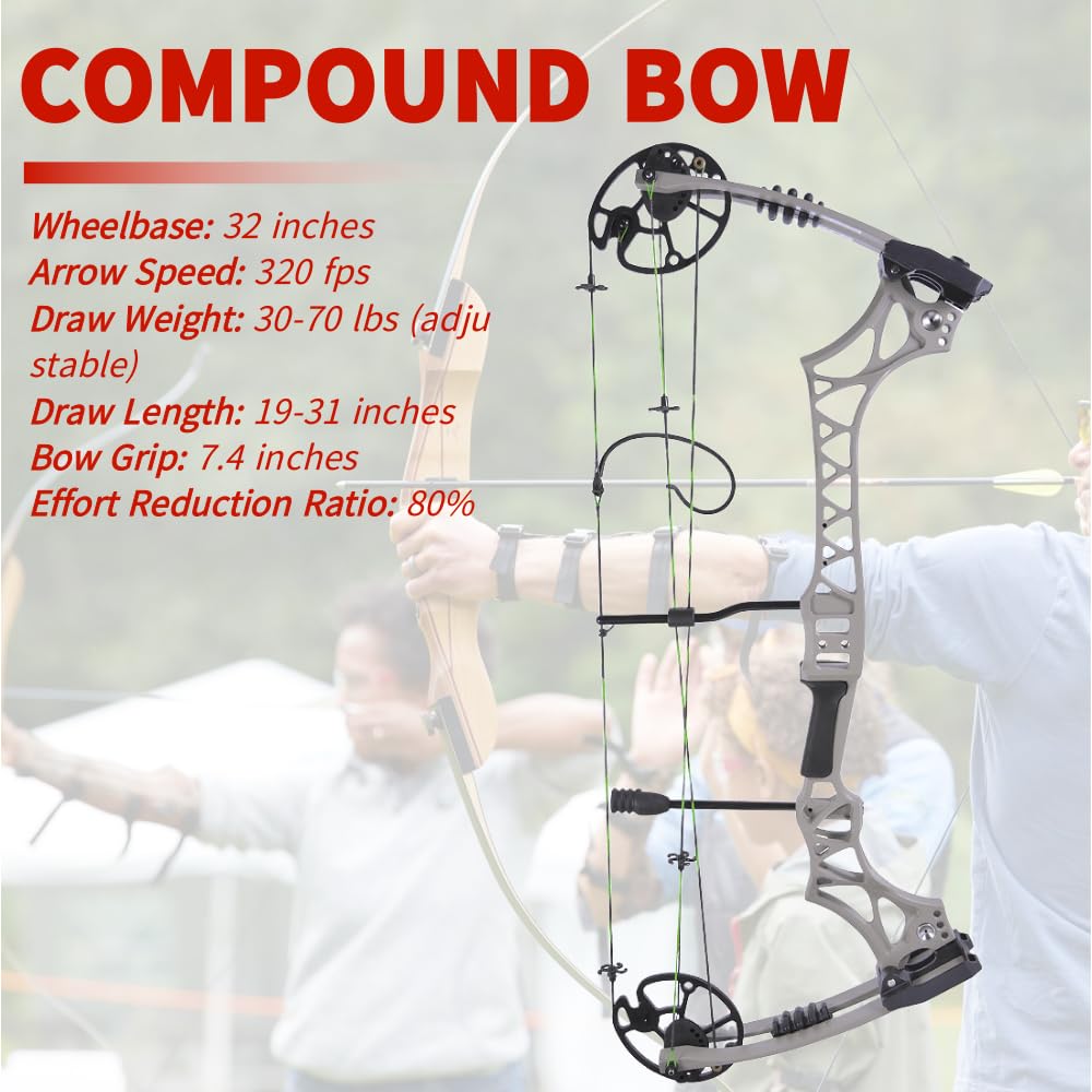 Set arco compound per destrimani regolabile 30-70 lbs, manico lega magnesio sgravio 80%, kit completo arco e frecce per tiro adulti e caccia