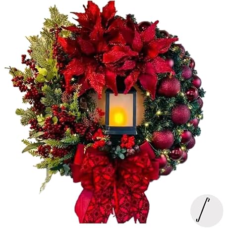 Luminous Holiday Embellishment: Red Christmas Wreath with LED Oil Lamp