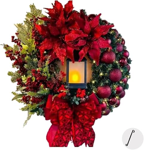 TomnuK Coronas de Navidad para decoración de puerta con lámpara LED de aceite y colgador, lazo rojo grande, adornos de bayas rojas, decoración de