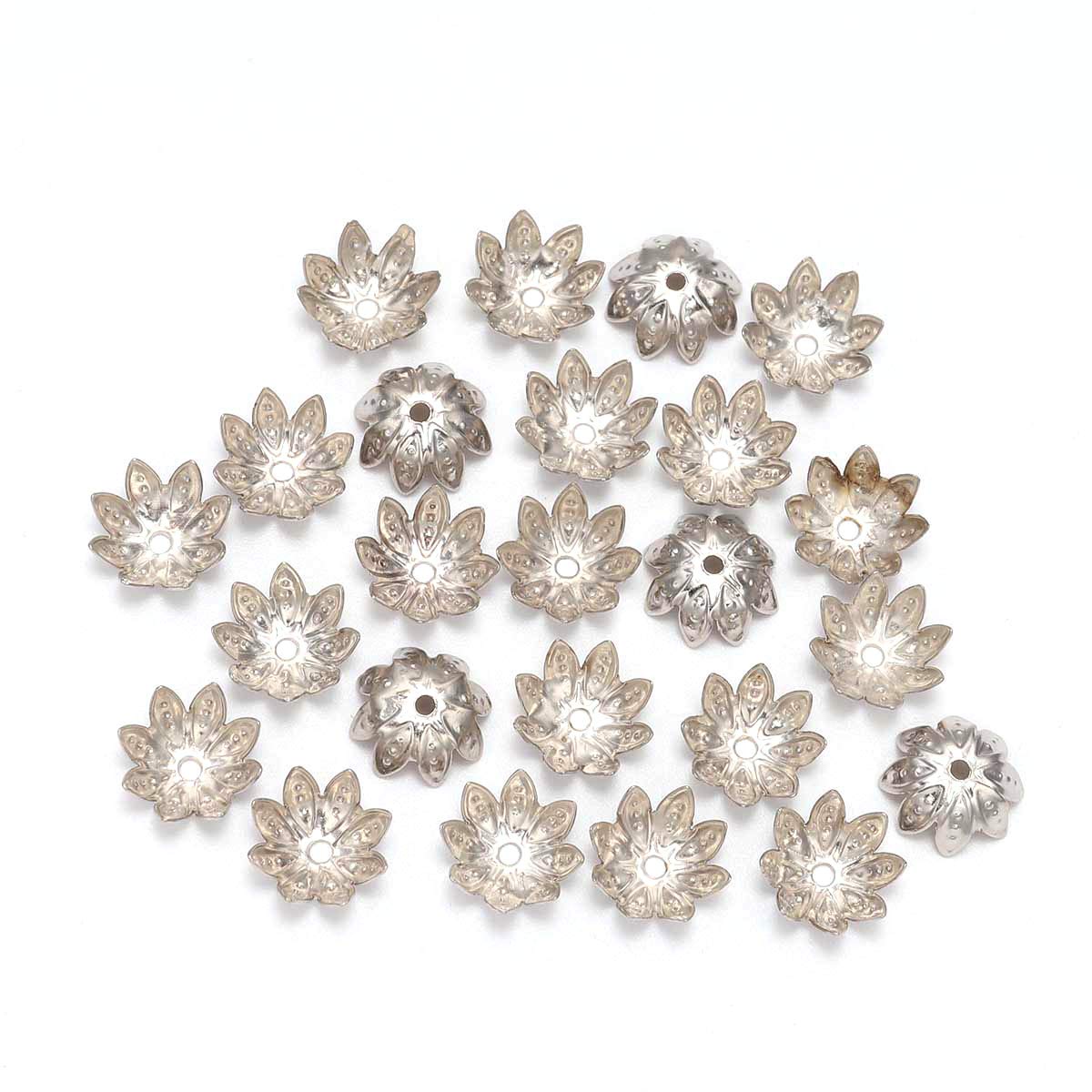 100pcs/Lot 8 mm Rhodium Lotus Flower Metal Loose Spacer Bead Caps Cone End Beads Cap Filigree for DIY Jewelry Finding Making (Rhodium, 8mm(0.31inch)*100pcs)