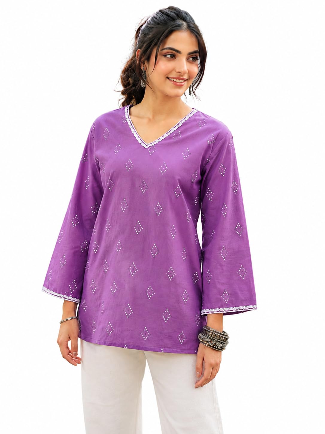 Womens Lavender Printed V-Neck 3/4 Bell Sleeve Kurti Top-image-6