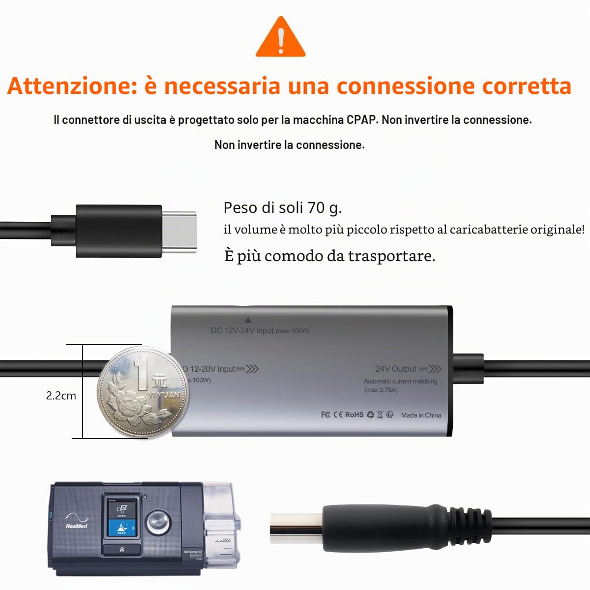 STAIGO Cavo di alimentazione USB-C ResMed S10 PD per convertitore DC Resmed S10/AirSense 10/AirCurve 10