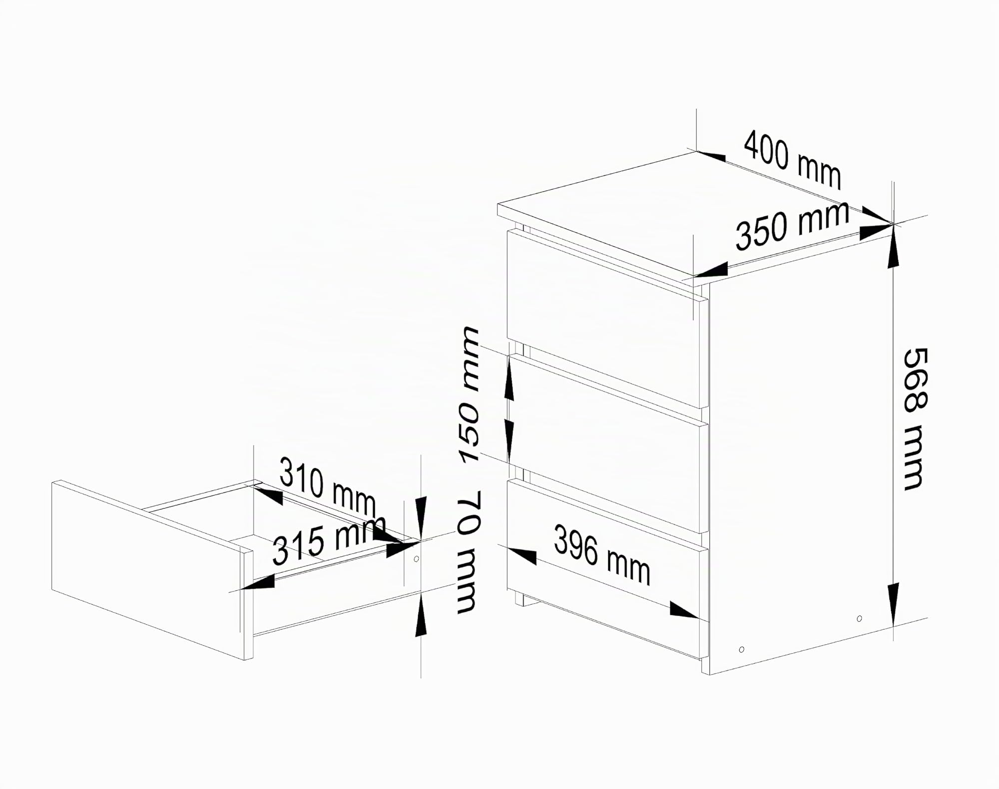 AKORD | Mesita de Noche CL-3 con 3 cajones | Sala de Estar, Dormitorio, Armario, Oficina y Estudio | Diseño Moderno y Funcional | 35 x 40 x 57 cm, 26 kg | Roble Sonona | Blanco