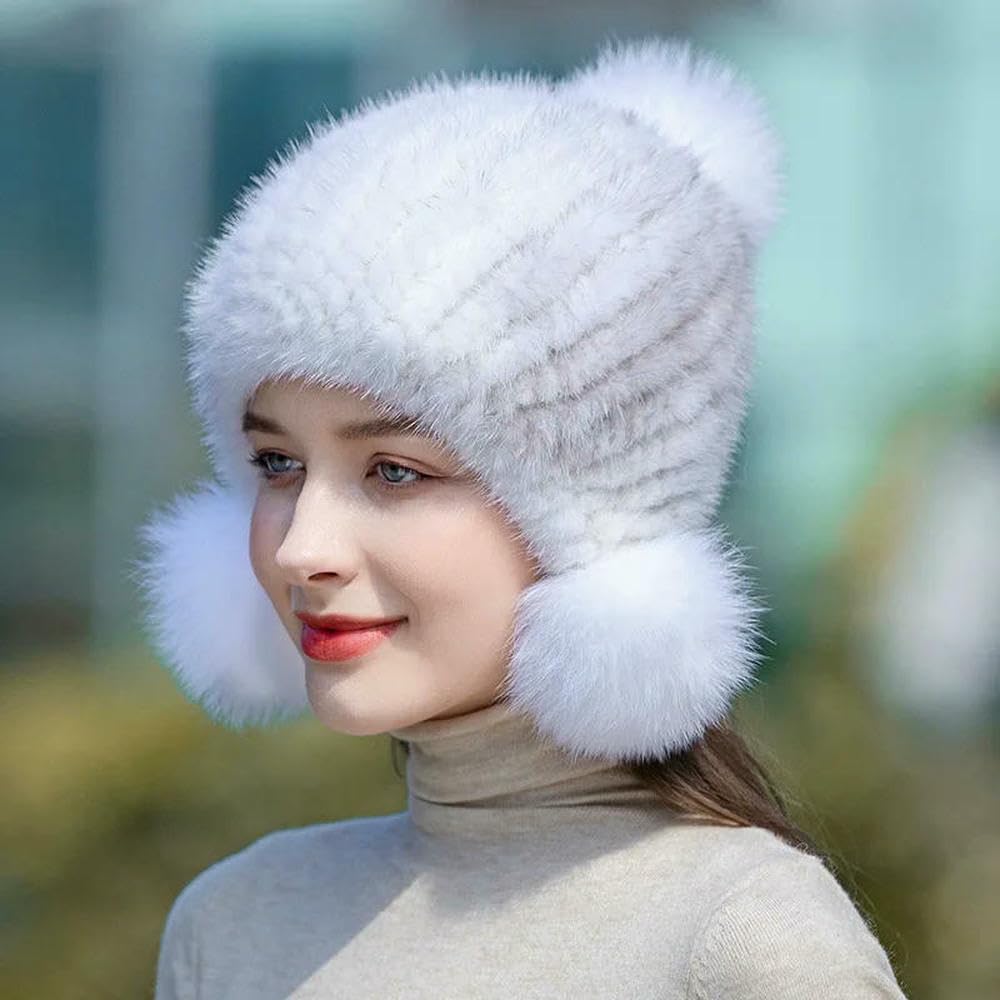 QXDZSW Bonnet chaud d'hiver en fourrure de vison pour femme avec pompon en fourrure de renard sur le dessus
