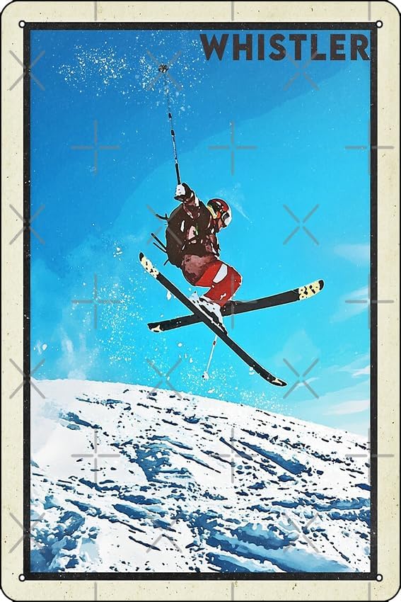 Whistler ski mountains retro vintage ski 80's print metal estaño cartel 12 x 8 pulgadas divertido hombre cueva hogar oficina bar decoración