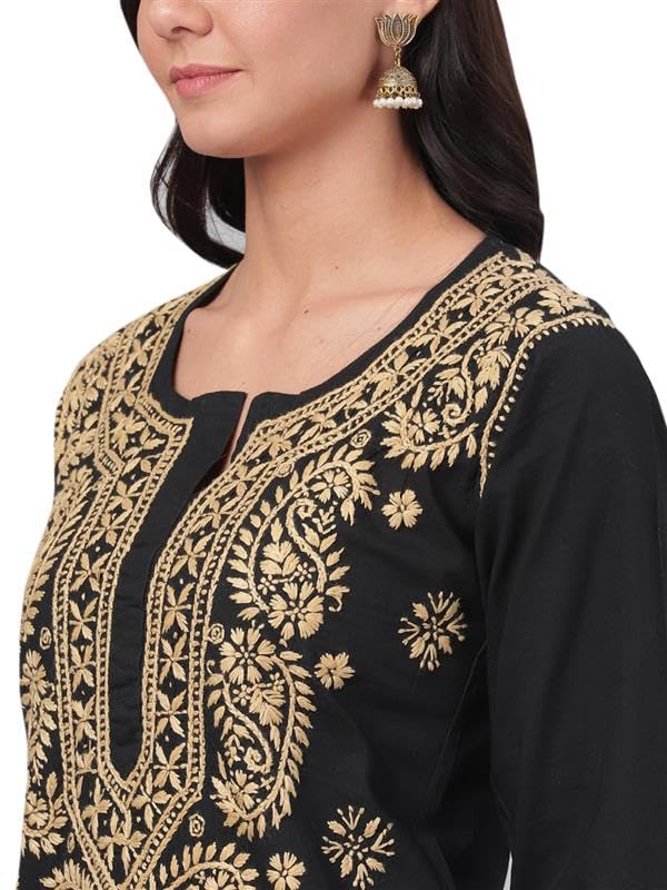 Image of Ada Hand Embroidered Chikankari Black Cotton Kurta for Women A207632 (5XL) | Women's handcrafted ethnic wear Chikan Embriodery casual office work wear Straight pure cotton handmade kurti tunic