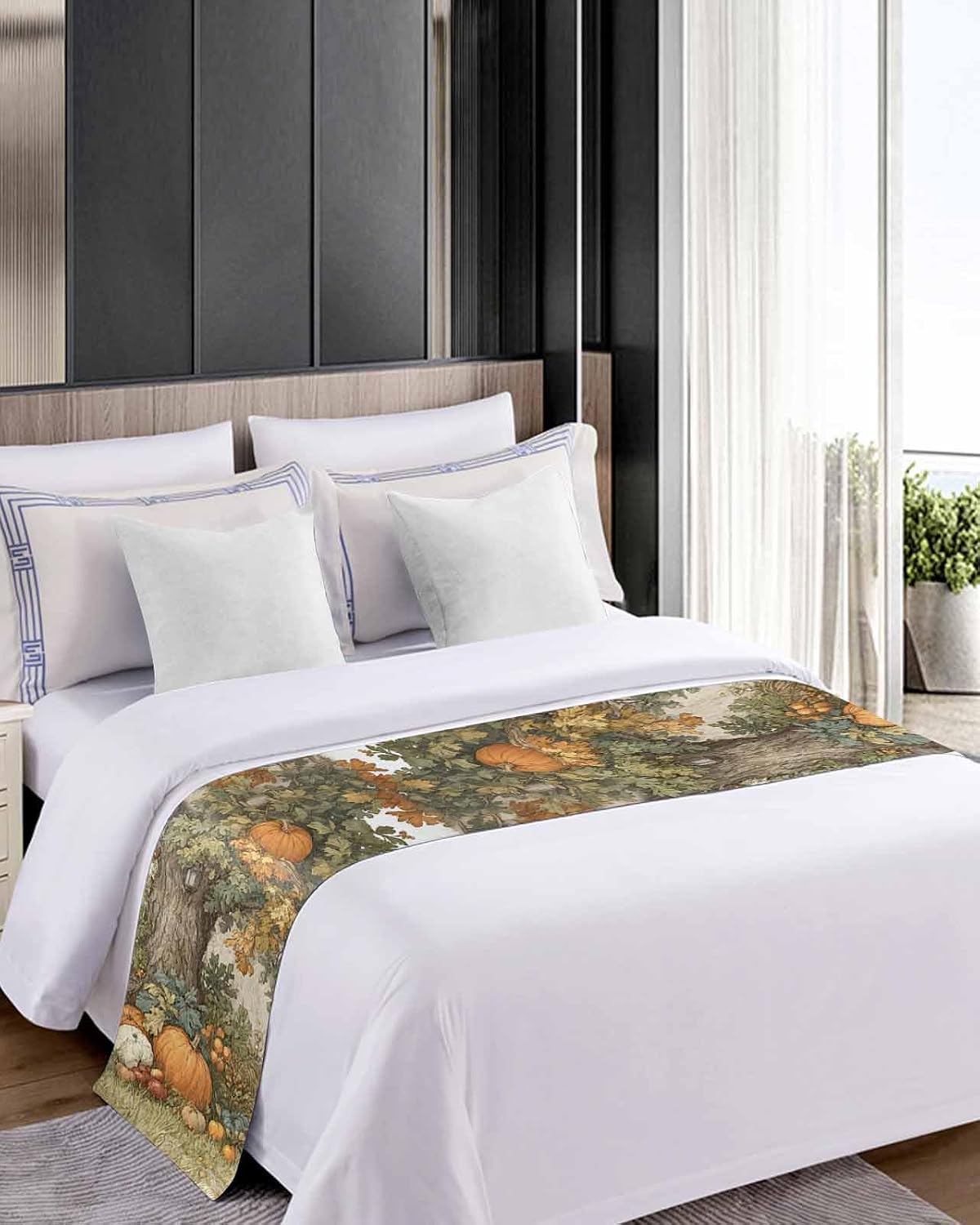 Fall Pastoral Pumpkin Leaves Bed Runners for Bedroom Hotel,Decorative Bedding Scarf Retro Forest Gradient Leaf Bed End Blanket Bedding Runner Scarves for Queen Size Beds,94x20in