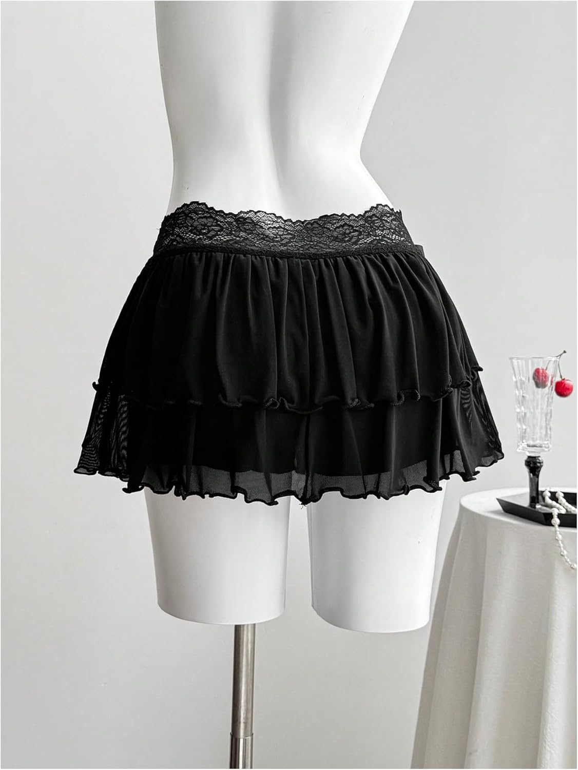 SOLY HUX Women's Y2k Lace Ruffle Mini Skirt Bow Elastic Low Rise Layered A Line Skirts Party Going Out Outfits - Image 2