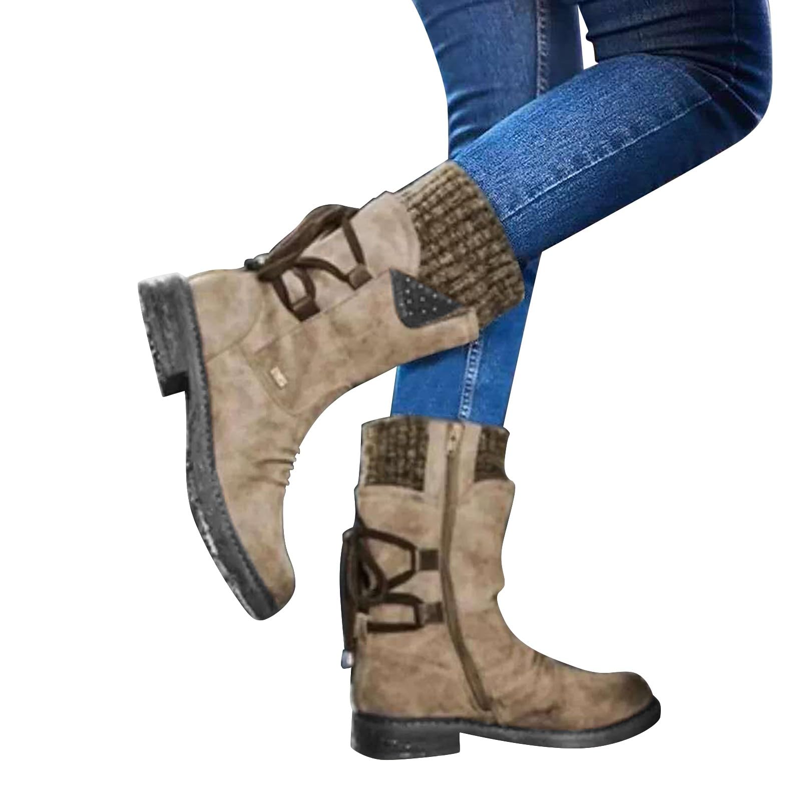 Bottes de neige chaudes à enfiler pour femme - Bottines avec talon - Bottes de randonnée - Fermeture éclair latérale - Antidérapantes - Chaussures d'extérieur - Bottes d'hiver confortables - Bottes