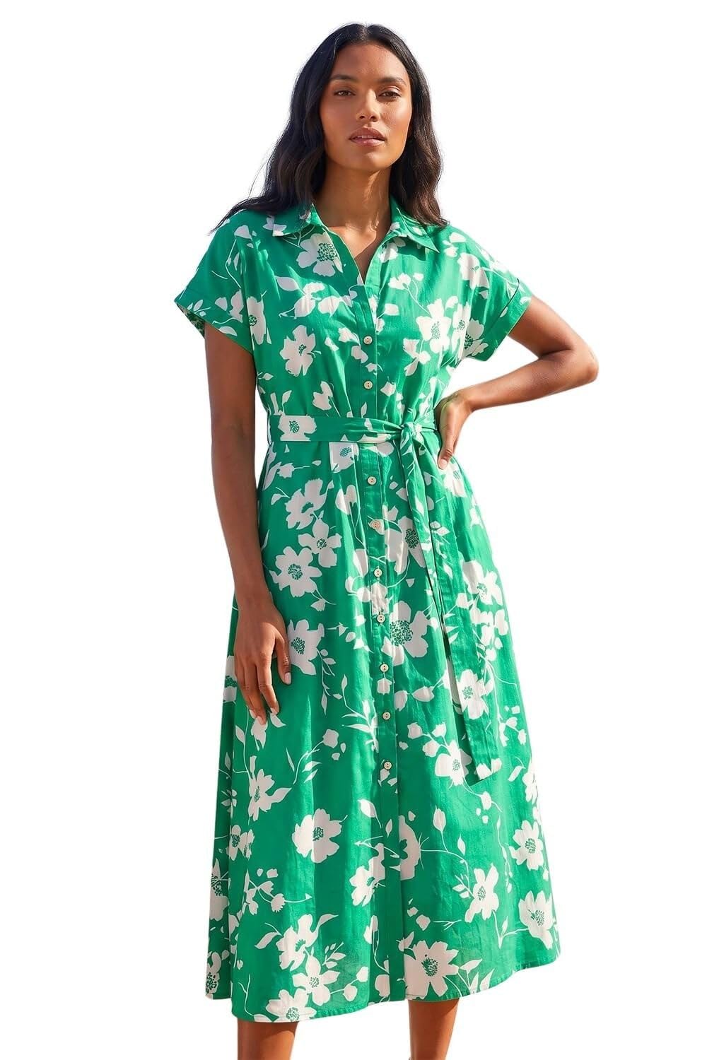 Roman Women's Green Floral Cotton Poplin Shirt Dress In | Size: 20