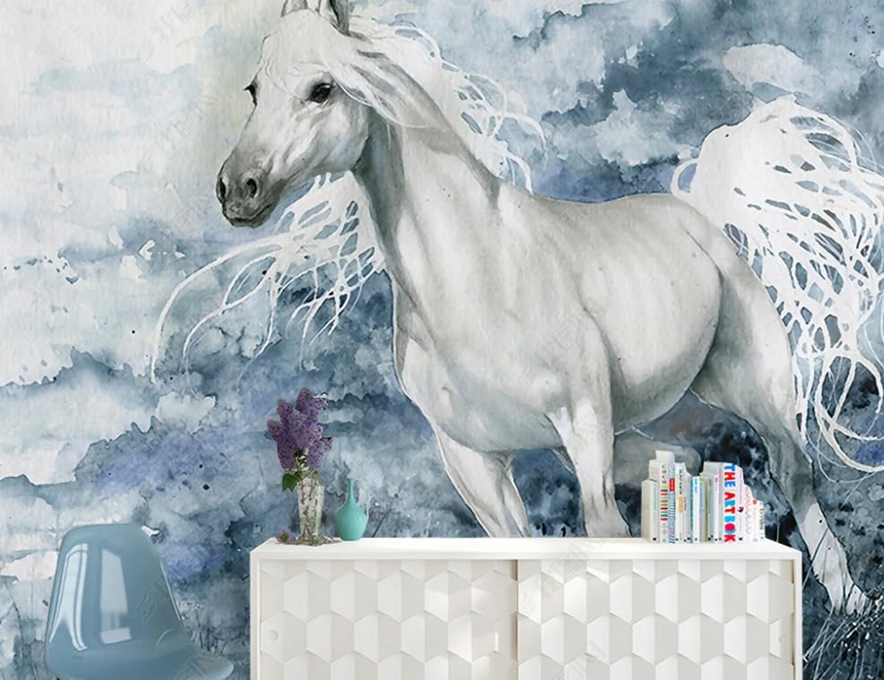 Papier peint intissé pour rénover un mur de salon abîmé avec un cheval blanc