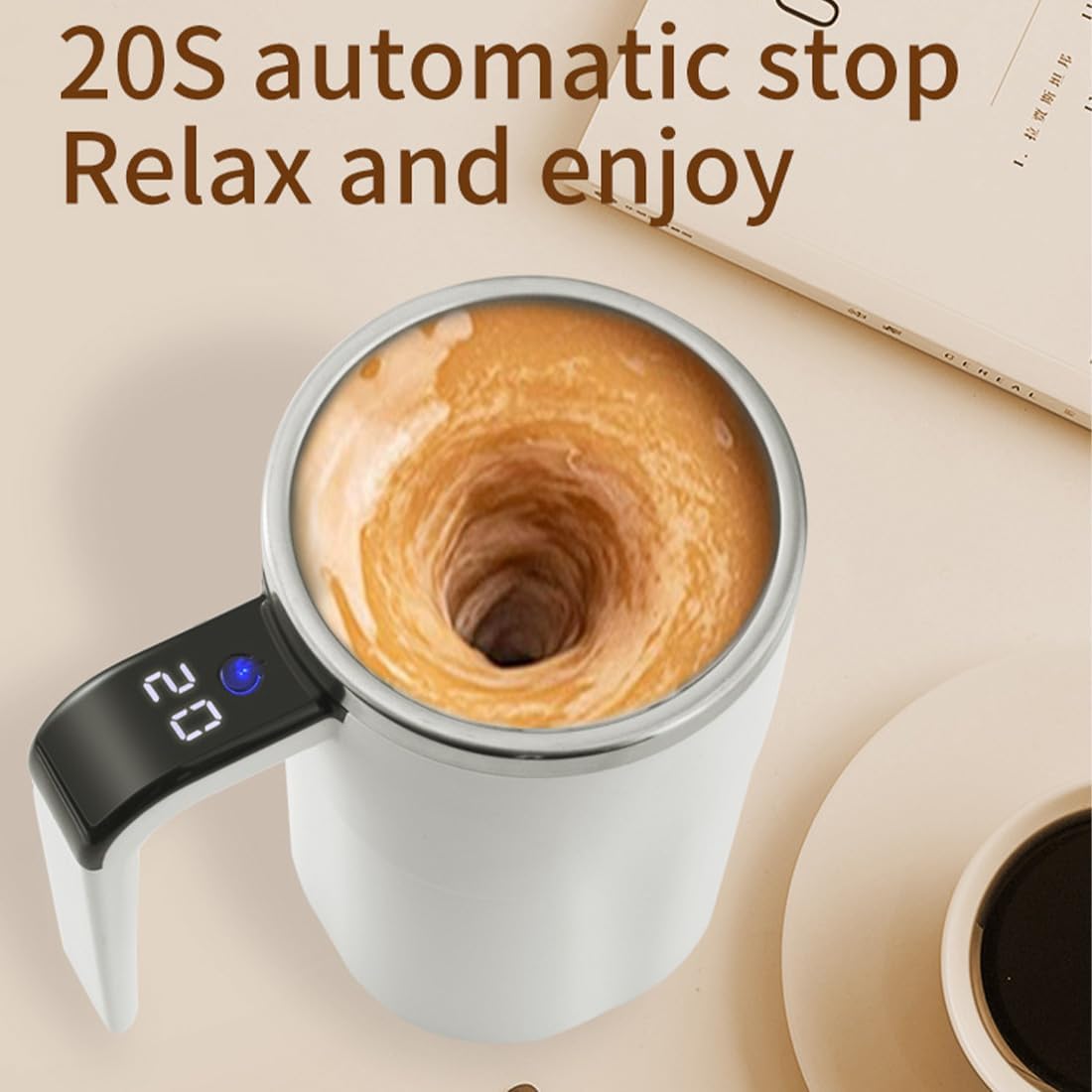 2026 Upgraded Electric Coffee Mug, 14oz Electric High Speed Self Stirring Insulated Coffee Mug with a Built-in LCD Thermometer & Lid, for Brewing Coffee, Milk, Cocoa and Other Beverages (White)