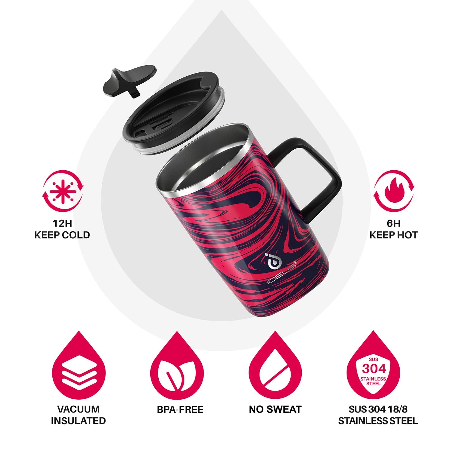 Ideus Tazza da caffè isolata sottovuoto, 473 ml, riutilizzabile, in acciaio inox, a doppia parete, con manico e coperchio scorrevole, per bevande calde e fredde, senza BPA (zebrata rossa)