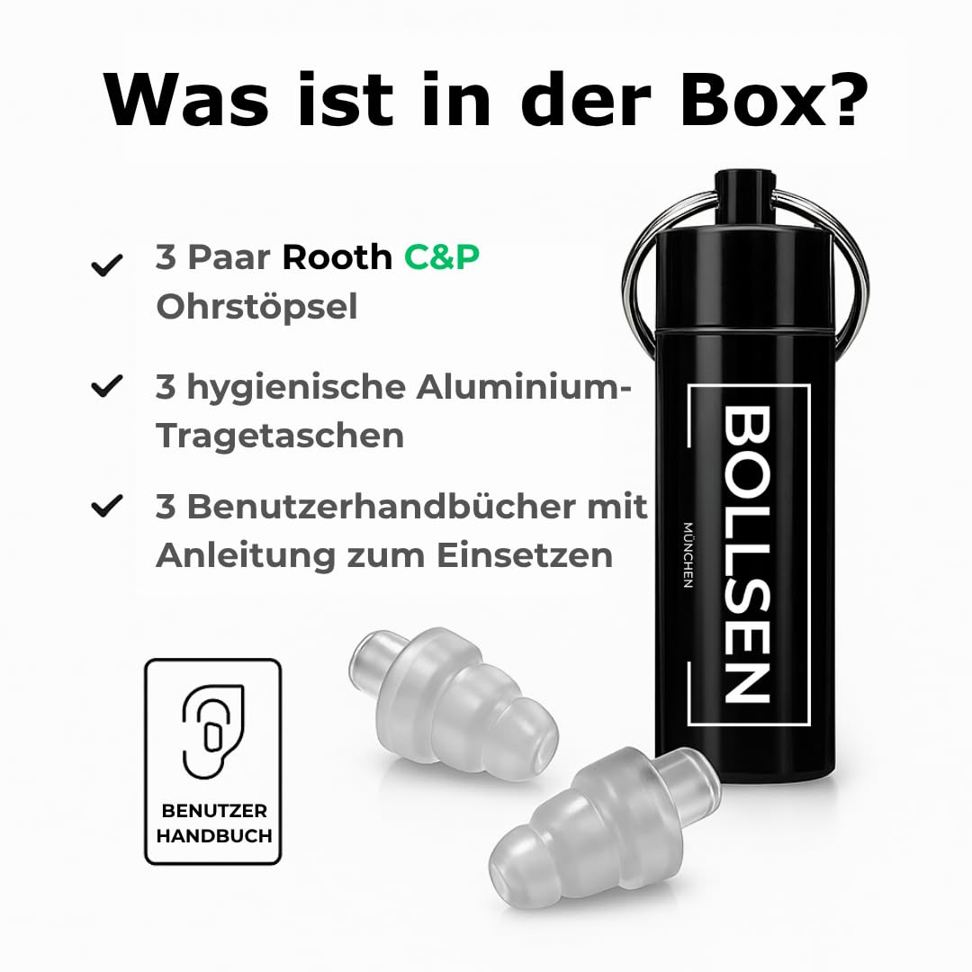Rooth C&P Ohrstöpsel zum Schlafen – Anti-Schnarch-Silikon-Ohrstöpsel – 25 dB Lärmminderung – Bequemer Tag & Nacht – Einfaches Einsetzen & Entfernen – 100X wiederverwendbar- BOLLSEN Gehörschutz