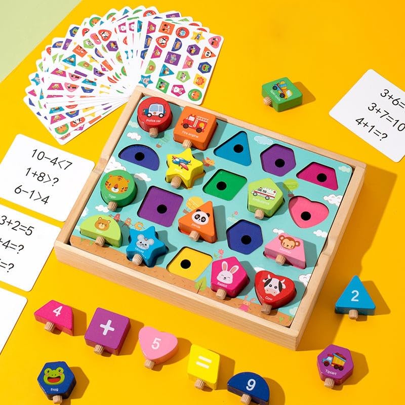 Image of HAPPY HUES Wooden Shape Matching Arithmetic Game - Montessori Peg Puzzle Sorting Board Preschool Learning, and Early Educational Development