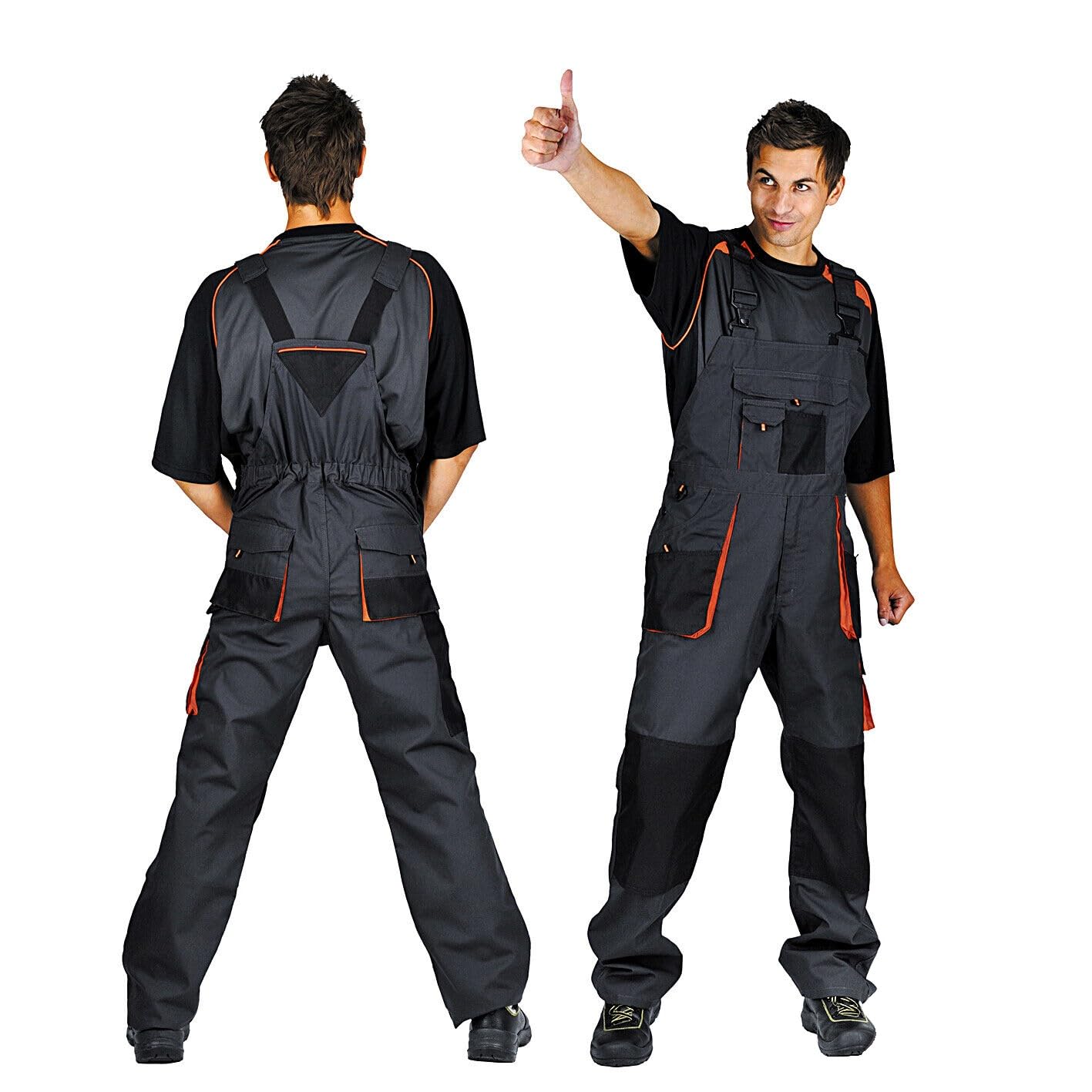 Salopette da lavoro da uomo, classica, multitasche, pantaloni regolabili in vita, bretelle larghe, fibbie solide, abbigliamento da lavoro rinforzato grigio - arancione