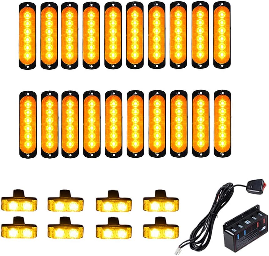 Astra Depot 20PCS Ultra Slim 6-LED 18W Emergency Hazard Caution Surface Mount Strobe Light & 8pcs Car Truck Grille Deck Dash Flashing Light - Amber Yellow