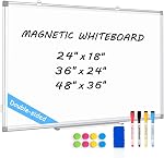 Double-Sided Magnetic Whiteboard for Wall 24 x 18 Inch, Large Dry Erase Board with Silver Aluminum Frame, Horizontal Vertical Hanging with Hole-Free Hooks, Complete 14-Piece Accessory Kit