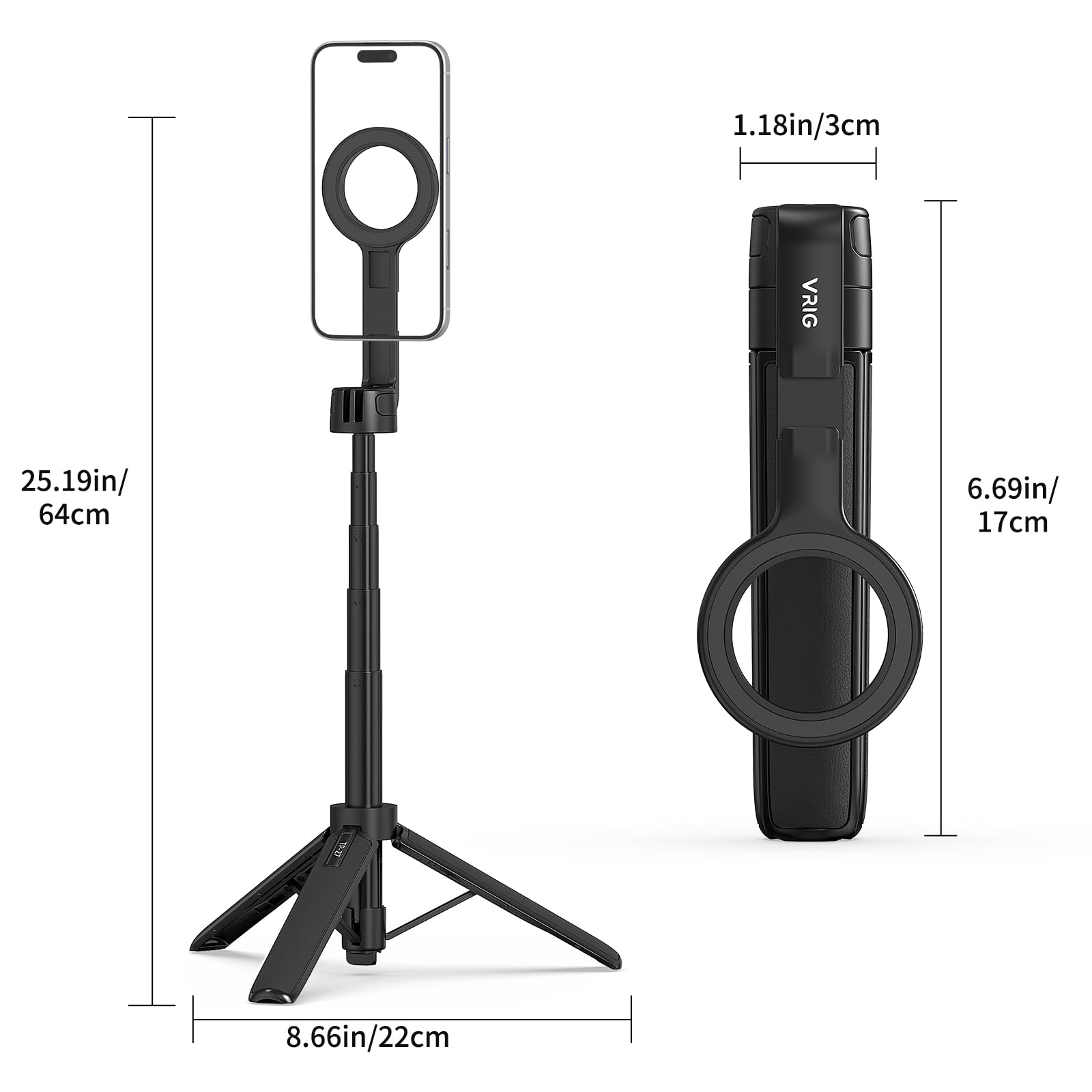 VRIG Magnetisches Selfie Stick Stativ für iPhone, TP-27 Einziehbares Handy Stativ mit Cold Shoe Kompatibel mit Mag Safe, iPhone 17, 16, 15, 14, 13, 12