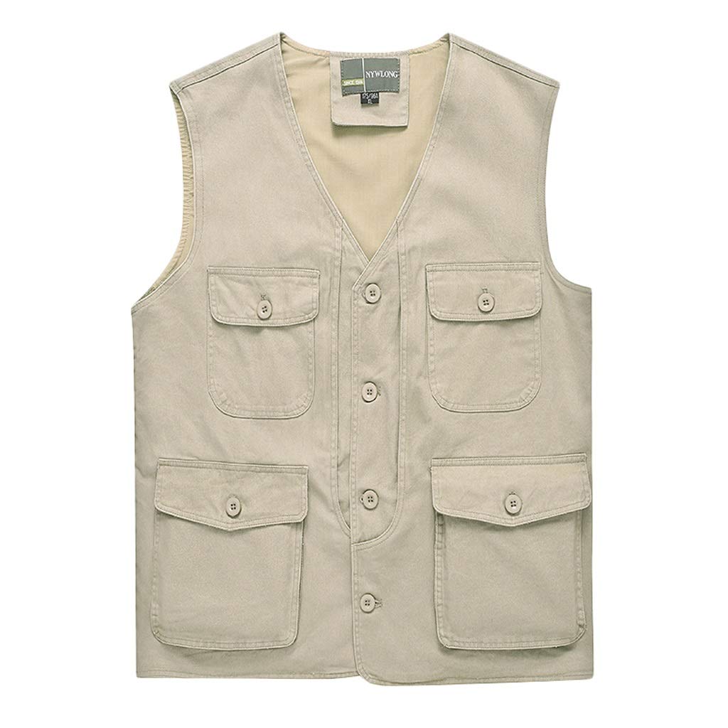 WDX- Chaleco de bolsillo de algodón para hombre de primavera y otoño de sección delgada deportiva y ocio chaleco de múltiples bolsillos Transpirabilidad (Color: Beige, Tamaño: L)