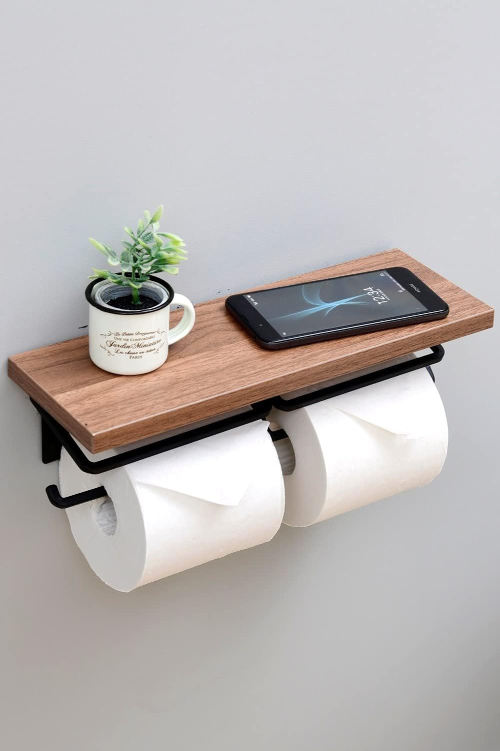 Yamazen RPH-W (DBR3/MBK) Toilet Paper Holder with Shelf (Smartphone Stand/Interior) Double, Stain Resistant Tabletop, Easy Installation, Width 12.6 x Depth 4.3 x Height 3.5 inches (32 x 11 x 9 cm),