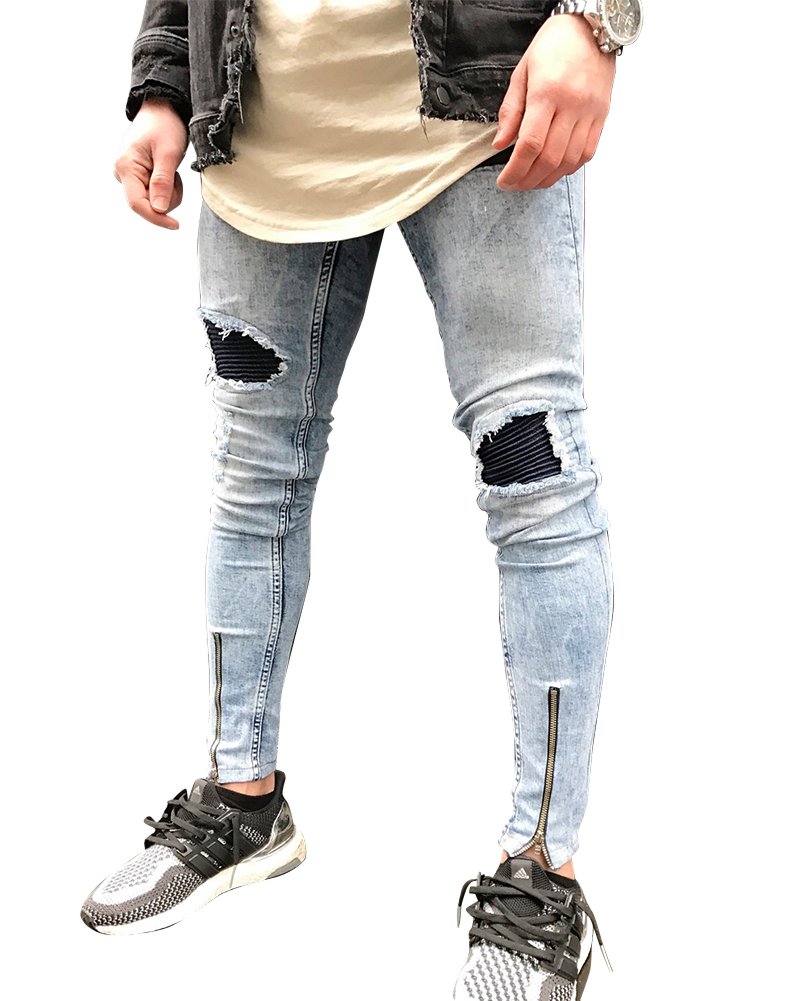 Mens Skinny Slim Fit Stretchable Denim Pants Ripped Abraised Distressed Cut Biker Jeans