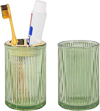 Toothbrush Holders for Bathrooms, 2pcs Glass Toothbrush Holder, 12oz Bathroom Tumbler and Mouthwash Cup, Tooth Brush and Toothpaste Organizer for Bathroom Vanity Countertop Green Gold