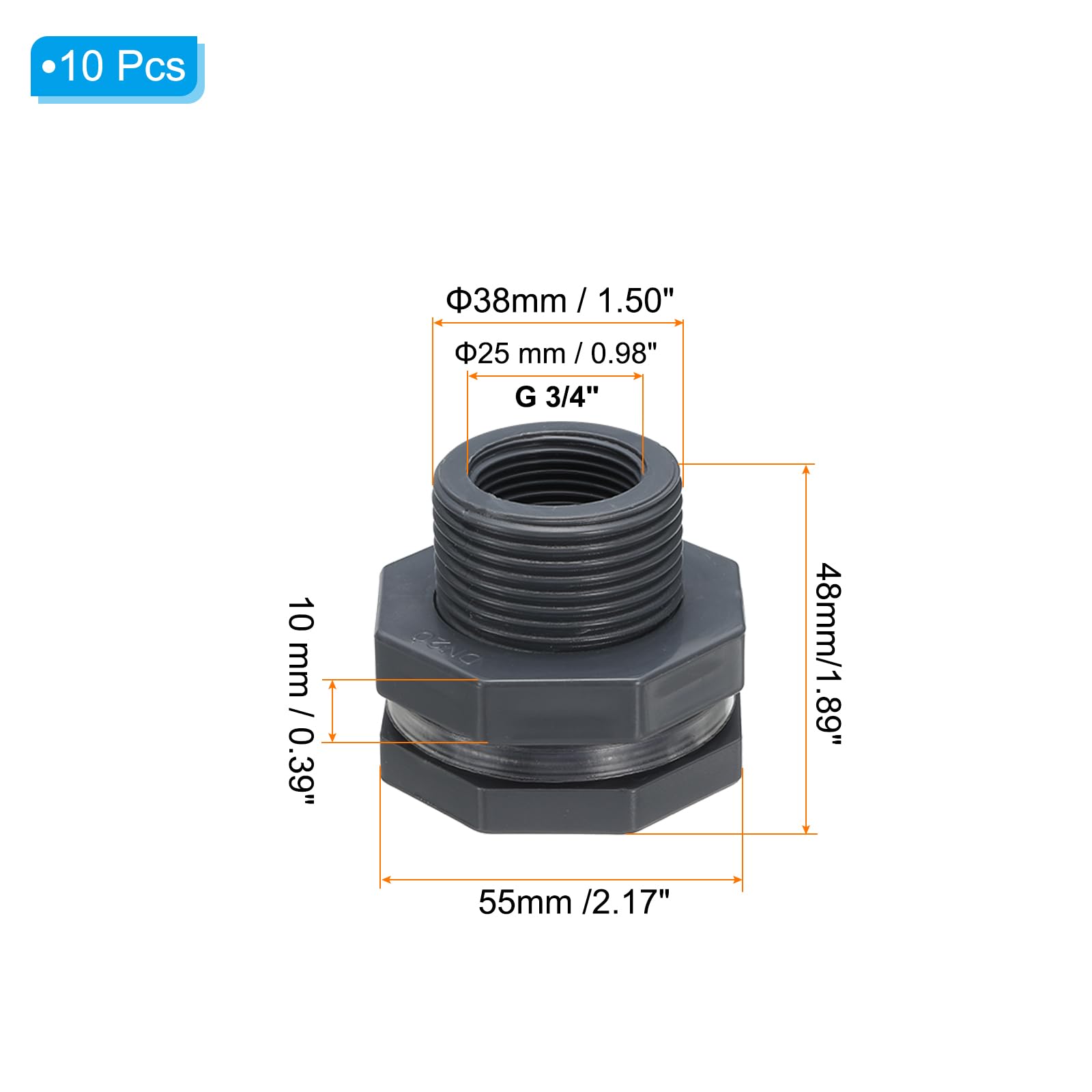 PATIKIL PVC Bulkhead Fitting G 3/4, 10 Pcs Double Threaded Bulkhead Water Tank Connector with PVC Seal Gasket for Rain Bucket, Sinks, Aquariums, Grey - Image 2