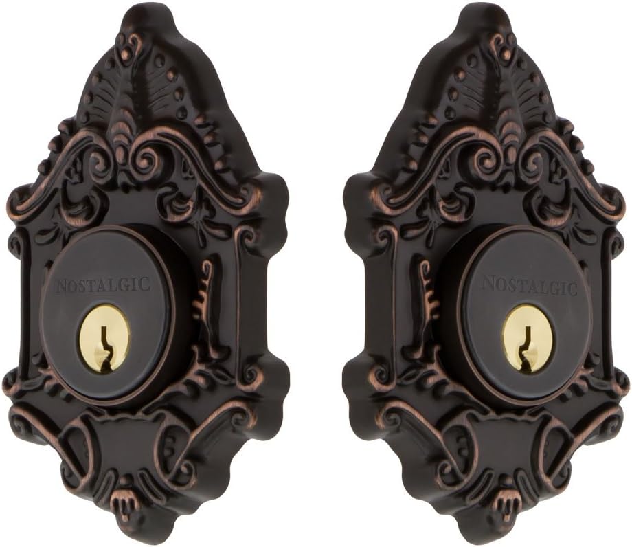 Nostalgic Warehouse 703969 Victorian Plate Double Cylinder Deadbolt Victorian Door Knob in Timeless Bronze,