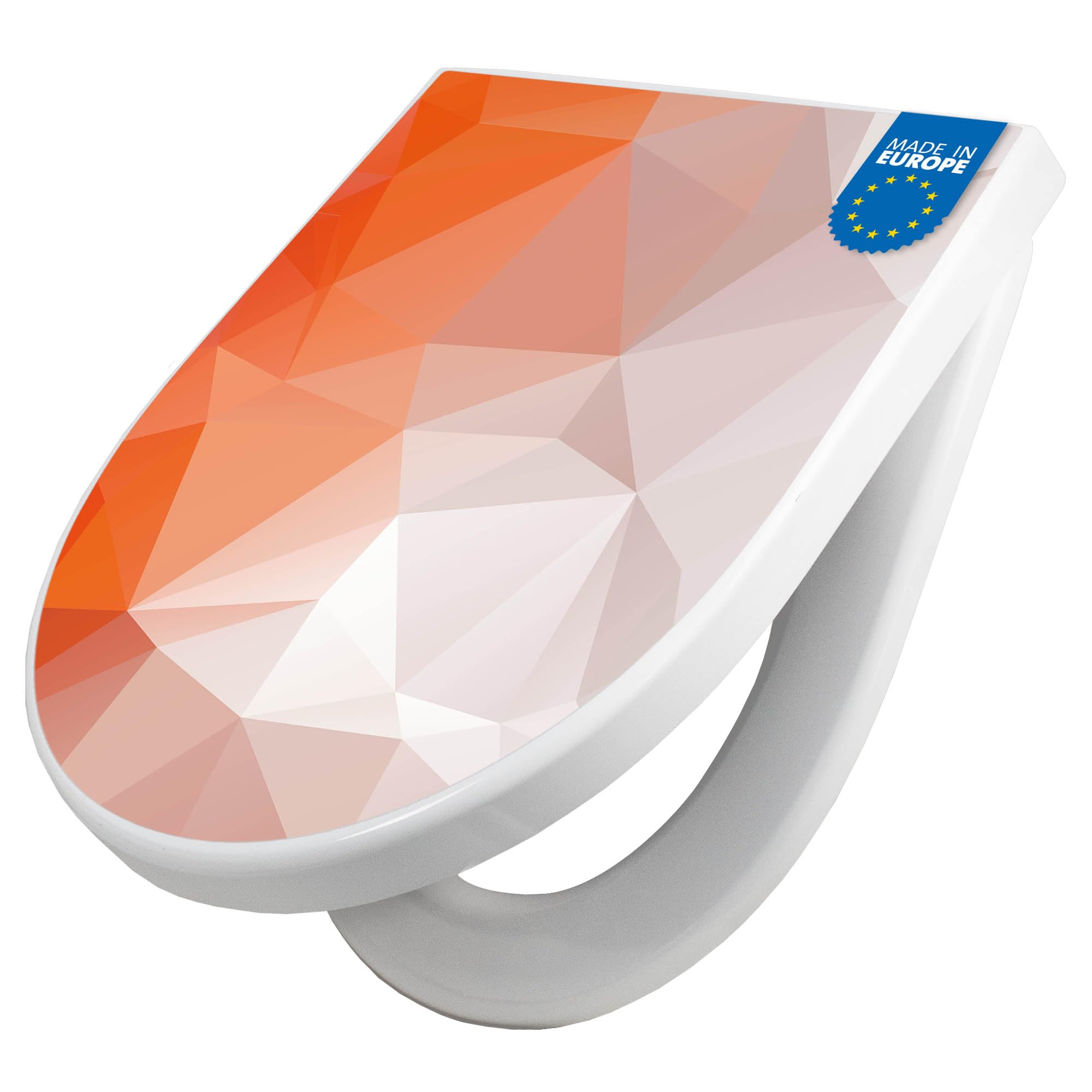 banjado WC Sitz mit Absenkautomatik D Form - Toilettendeckel mit Absenkautomatik D Form - Klodeckel Softclose - stabile Klobrille - Toilettensitz Weiß - Motiv Orange Polygon