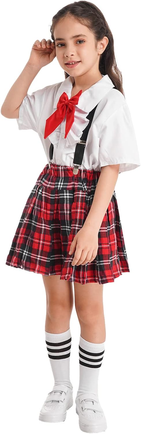 Jhaoyu Girls School Uniform Short Sleeve Dress Shirt Bowknot Plaid Skirt Sets with Suspenders