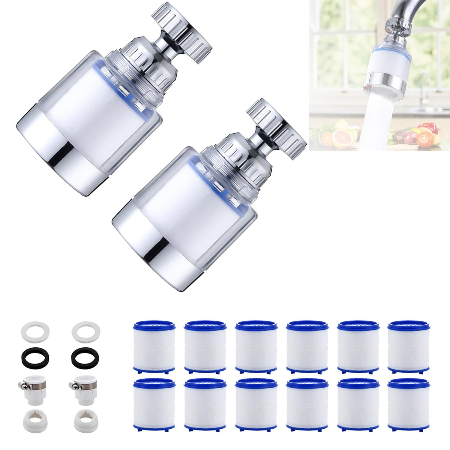 Faucet Filter, Water Filter for Sink, Universal 360 ° Rotating Tap Filter for Sink, Kitchen Faucet Water Filter-Removes Chlorine Fluoride Heavy Metals Hard Water for Home Kitchen & Bathroom (2 Pack)