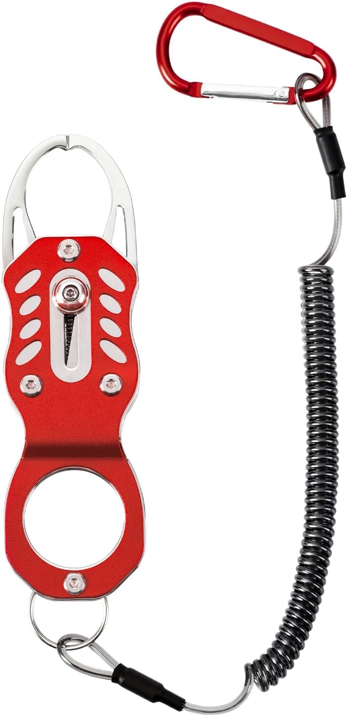 Stainless Steel Mini Fish Grip Tool | Portable Fishing Pliers, Retractable Lanyard and Carabiner, Self-Locking Rustproof Lip Gripper