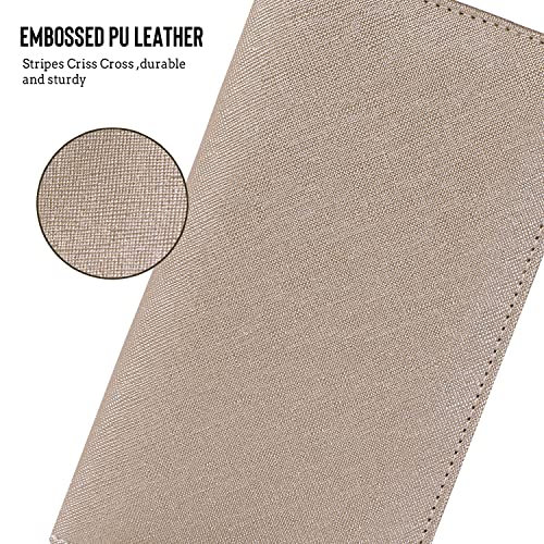 Image of LOLOMLO Checkbook Cover for Duplicate Checks, Stripes Criss Cross Embossed PU Leather Check Book Holder for Top Side Tear Register, RFID Blocking Wallet with Elastic Strap & Pen Slot, Brown Champagne