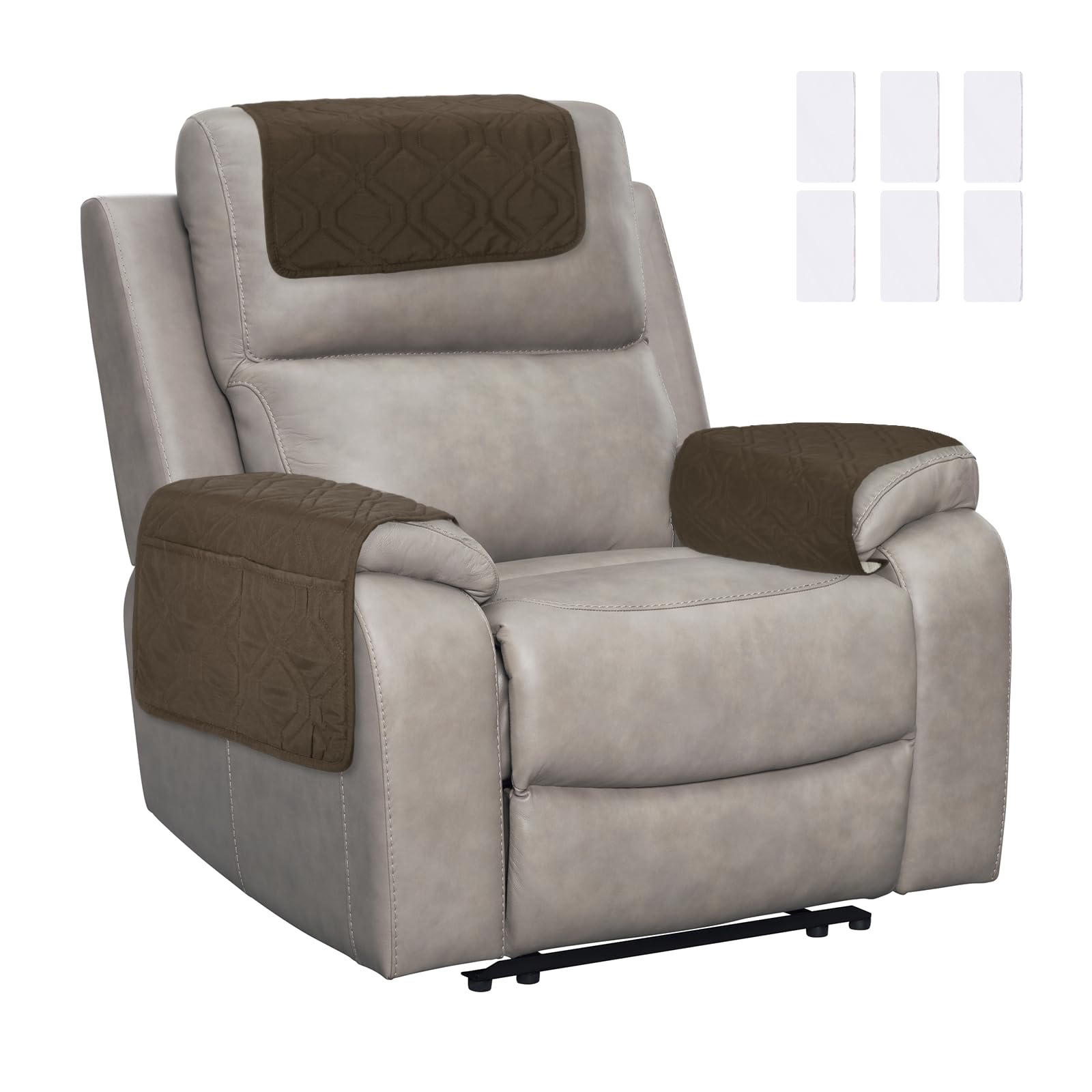 sourcing map 3Pcs Sofa Armrest Covers, Armchair Covers with Side Storage Pocket Waterproof Recliner Chair Protector Anti-Slip Couch Arm Headrest Protect for Home Living Room, Coffee Brown