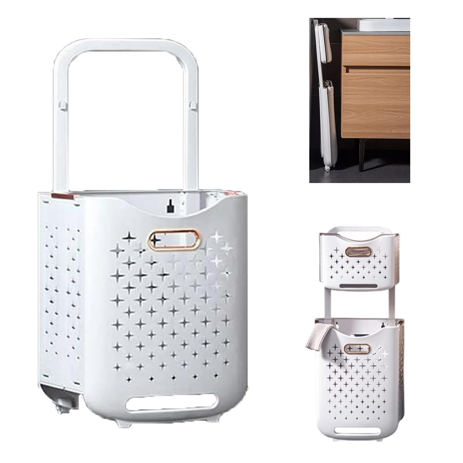 Hooha 2er Stapelbar Wäschekorb mit henkel&Rollen 34.5cm X 26cm X 75cm Wäschewage 77 Liter 7cm Faltbar Kunststoff Wäschesammler für Waschküche/Küche/Bathroom/Spielzeugzimmer/Schlafzimmer Weiß