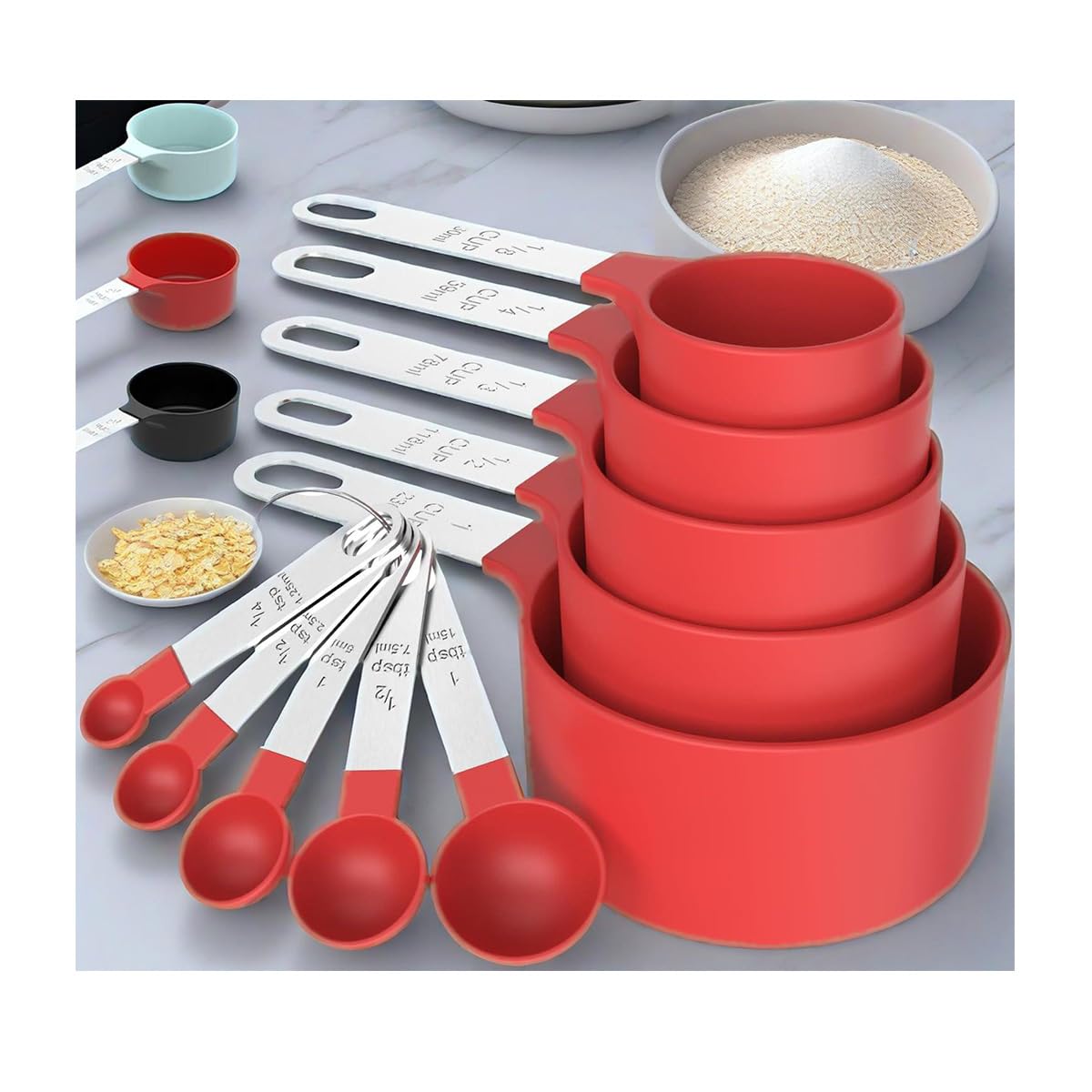 10Pcs Measuring Cups & Spoons Set, Stackable Cups and Spoons, Nesting Measure Cups with Stainless Steel Handle, Kitchen Gadgets for Cooking & Baking (Red)