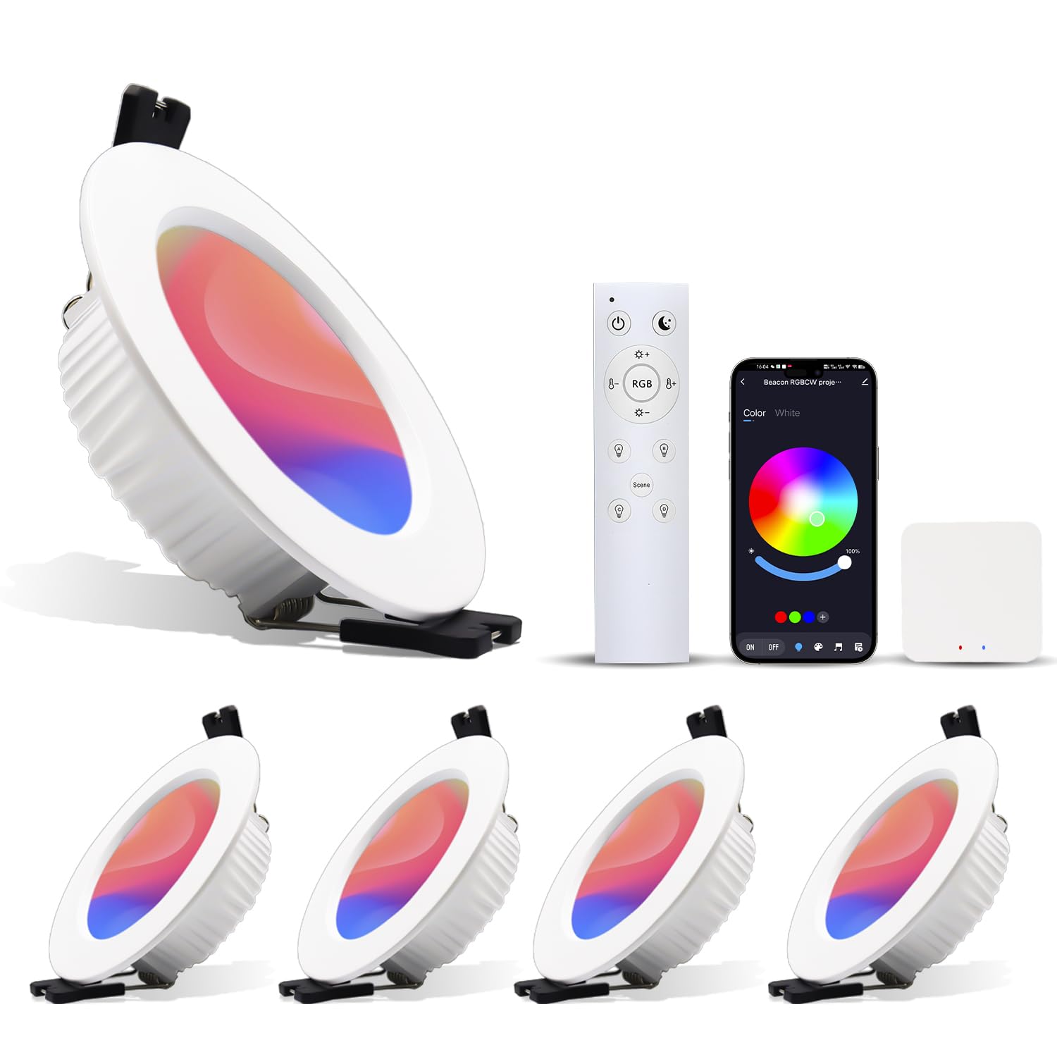 Faretti Led da Incasso per Cartongesso Alexa Wifi Bluetooth, RGBW 2700K a 6000K, Dimmerabili App Controllo, 7W, alluminio, faretti da incasso con gateway intelligente e telecomando, 4pcs