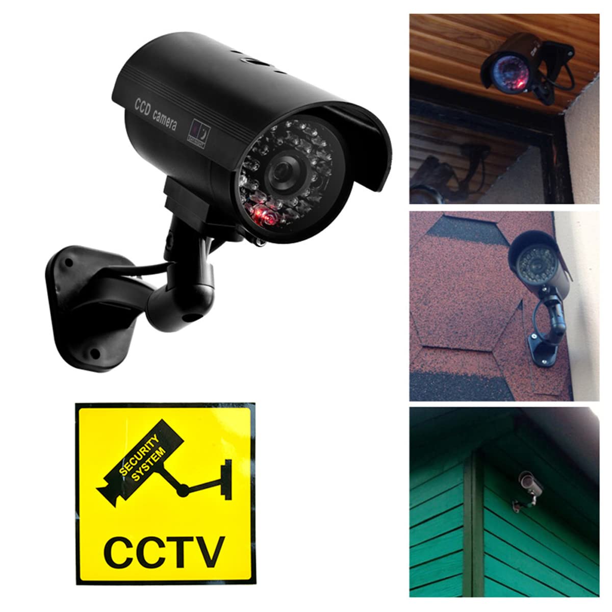 DOCIM Cámara Falsa, Monitor de cámara de simulación, con 30pcs iluminando la luz LED y una luz LED roja por la Noche, para la Seguridad del hogar y Las Empresas Interior/Exterior,Negro,4pcs