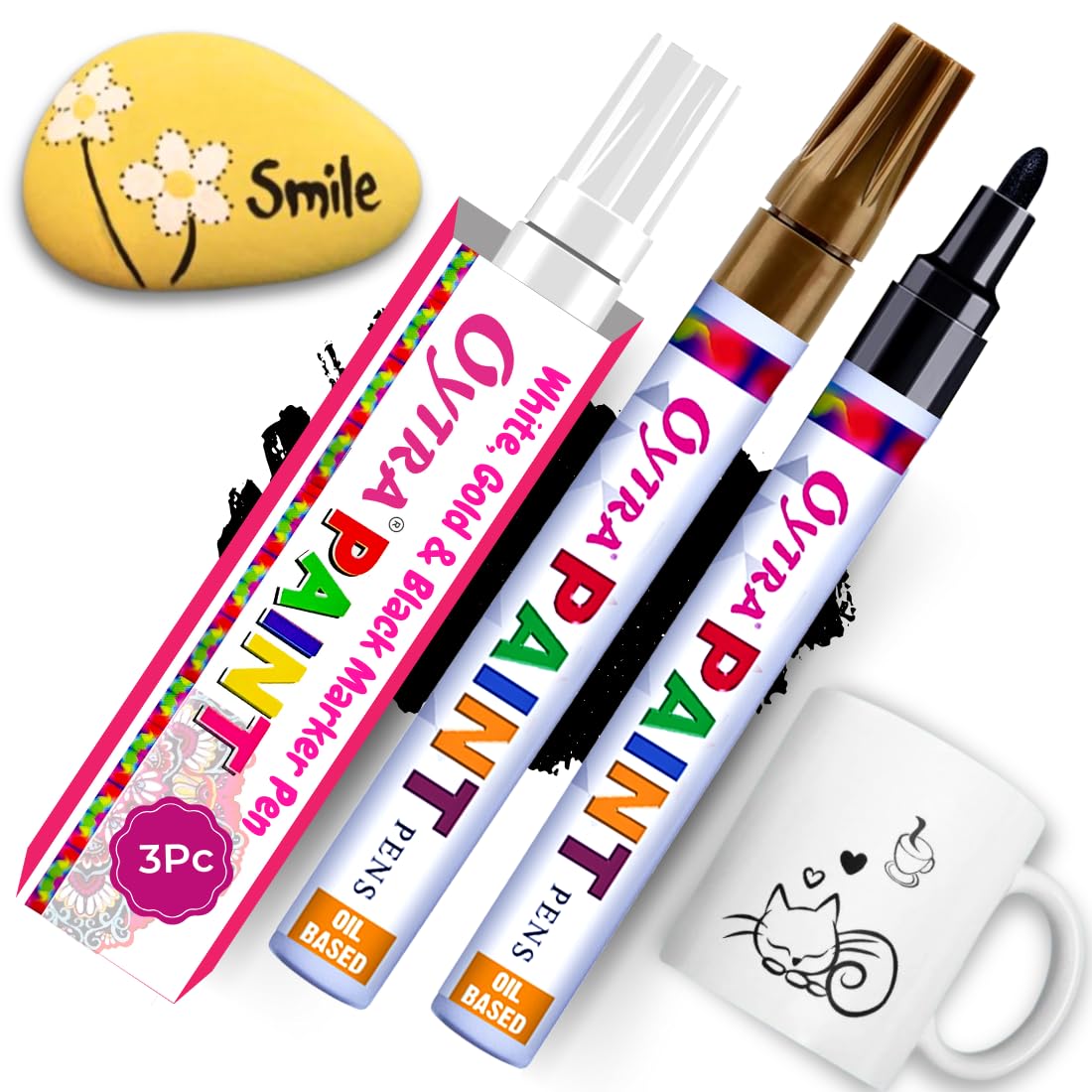 Oytra Paint Marker Pens Permanent Waterproof Oil Based Individual pens Works and All Surfaces, Wood, Fabric, Steel, Glass (Black, White, Gold)