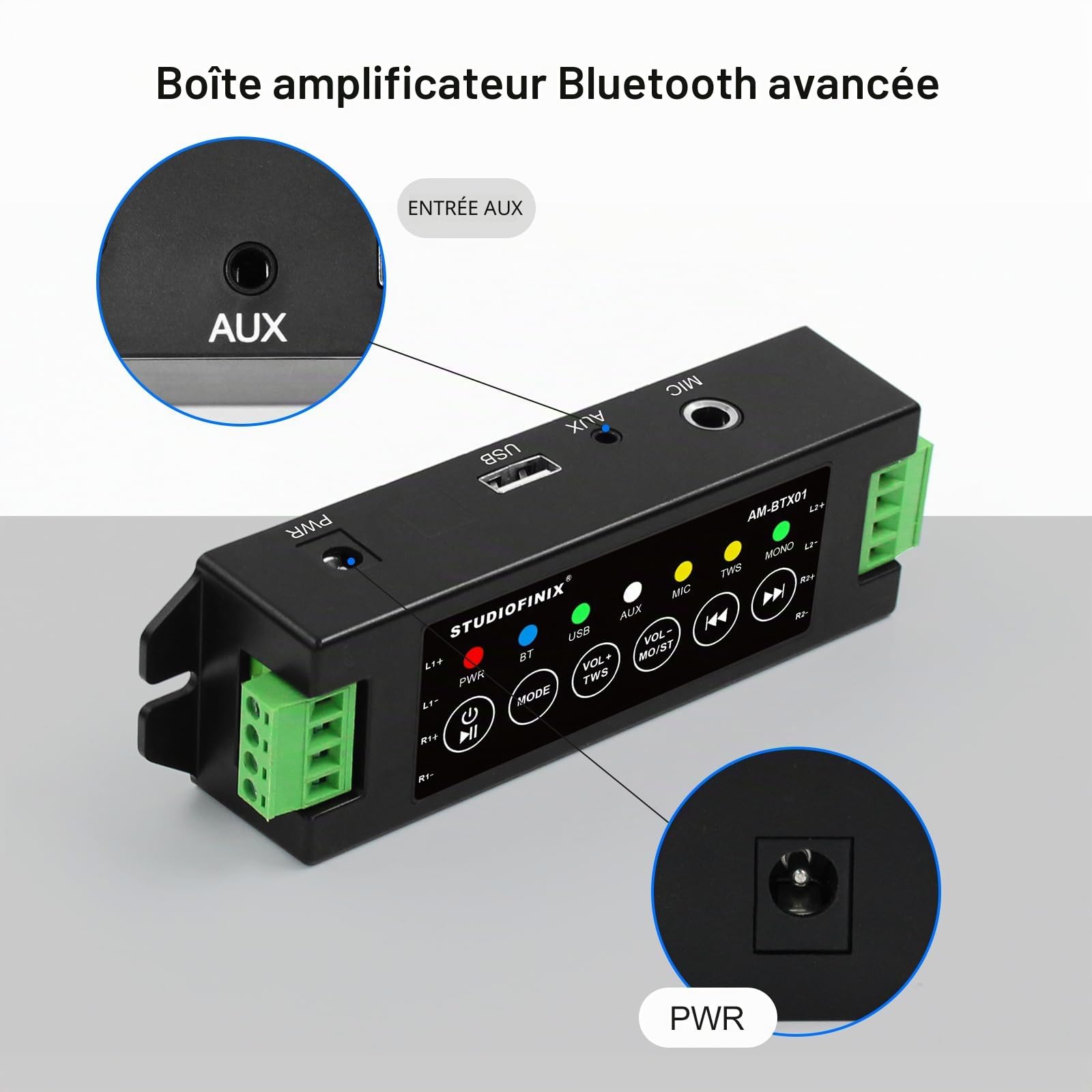 STUODIOFINIX Mini amplificateur Bluetooth 4 canaux 120w pour Haut-parleurs passifs avec TWS, AUX, MIC, USB, pièce détachée, adapté aux Haut-parleurs muraux/Plafond/Marine/bibliothèque
