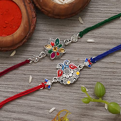 Image of eCraftIndia Set of 2 Peacock Feather Floral Designer Rakhi for Brother Bhaiya Bhai Boys Kids | Roli Chawal Pack