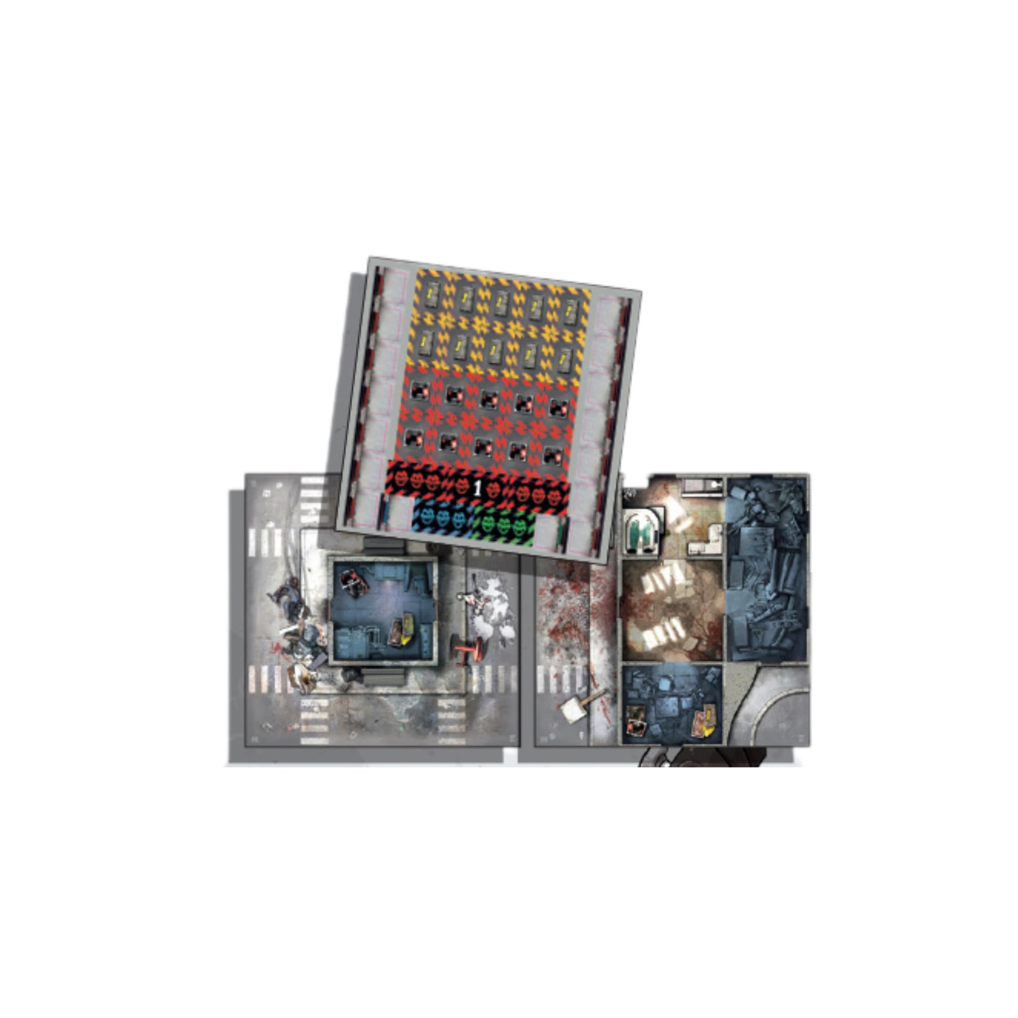 Zombicide 2. edycja, zestaw płytek, strategiczna, gra planszowa, gra kooperacyjna dla nastolatków i dorosłych, zombie, gra planszowa dla dzieci od 14 lat, średnio 1-6 graczy. Czas odtwarzania 1