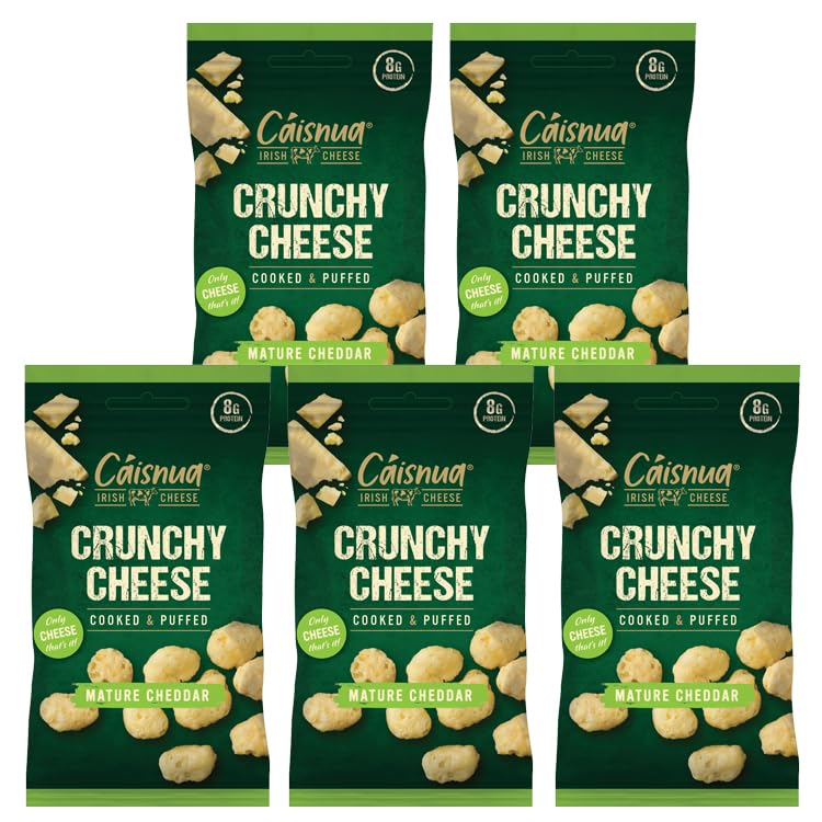 Cáisnua Cooked & Puffed Crunchy Mature Cheddar Cheese Snacks Pack of 5 x 20g - Cheese Crisps Multipack Keto Snacks 8g Protein Low Carb Vegetarian Baked Crisps Gluten Free Snack