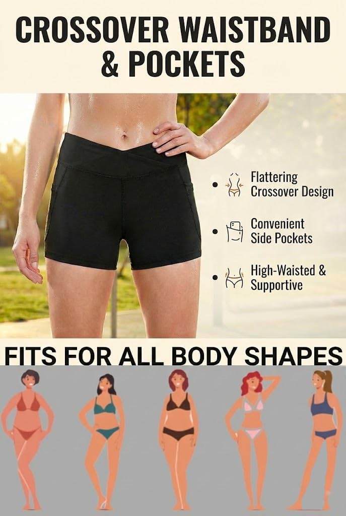 Women 3" High Waisted Swim Board Shorts V Cross Boy Shorts Swim Bathing Suit Bottoms Swimwear with Pockets - Image 2